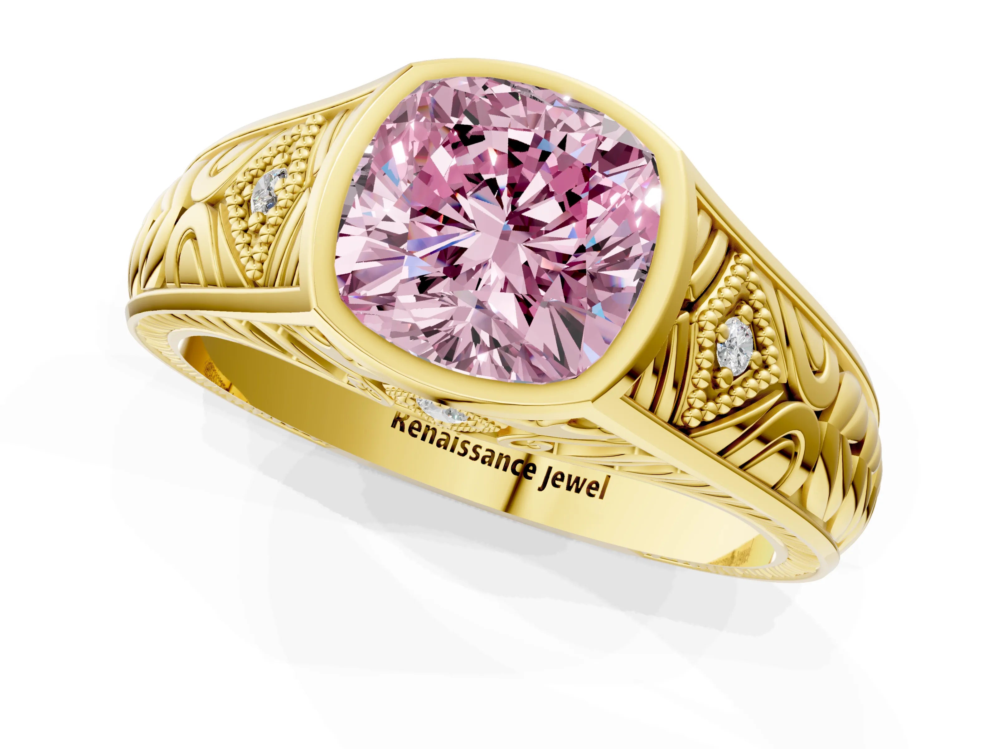Yellow gold Hexagonal Bezel Fancy Pink Cushion Cut Diamond Engraved Band Prong Ring_1