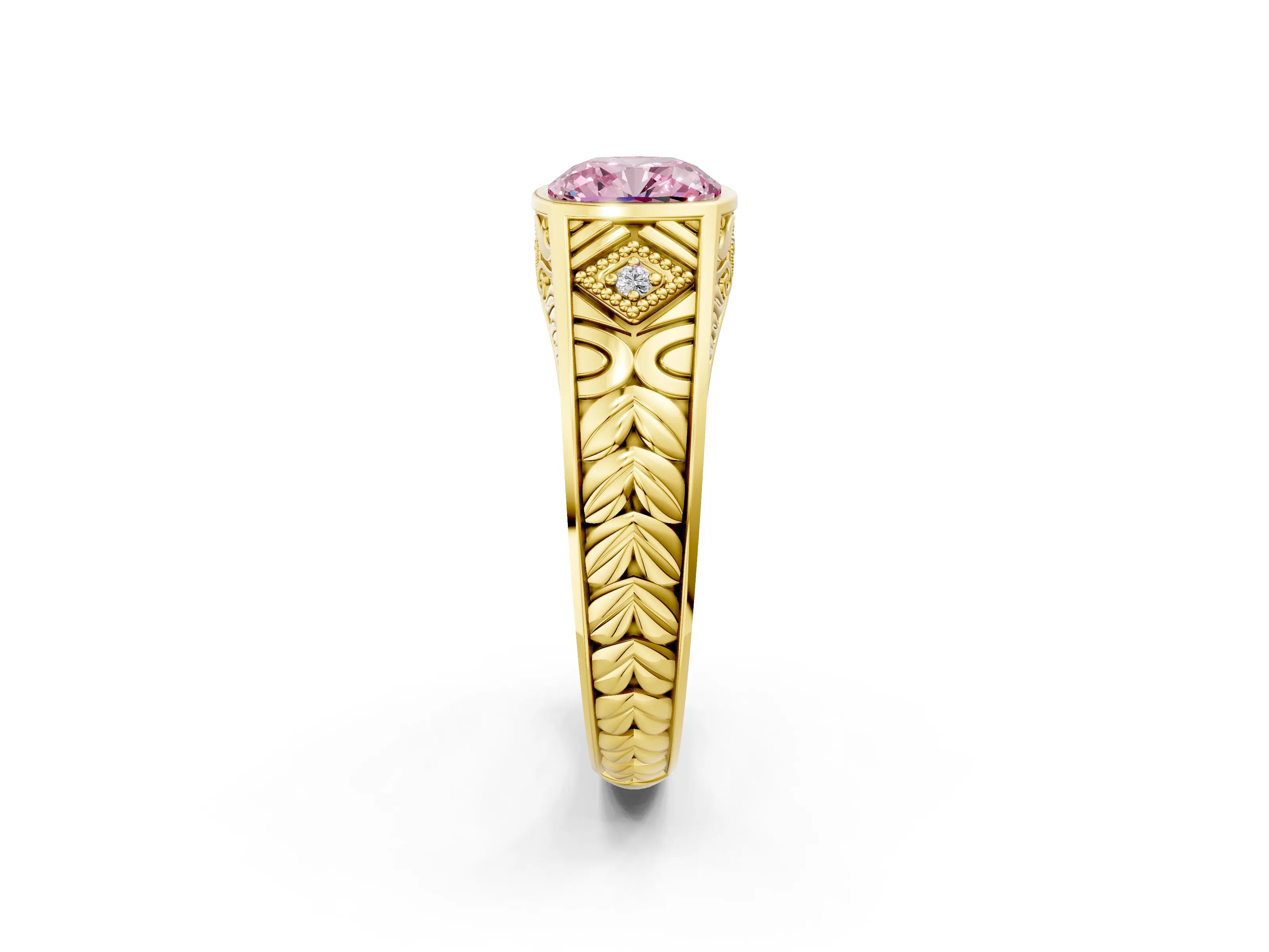 Yellow gold Hexagonal Bezel Fancy Pink Cushion Cut Diamond Engraved Band Prong Ring_2