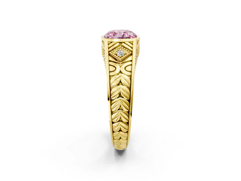 Yellow gold Hexagonal Bezel Fancy Pink Cushion Cut Diamond Engraved Band Prong Ring_2