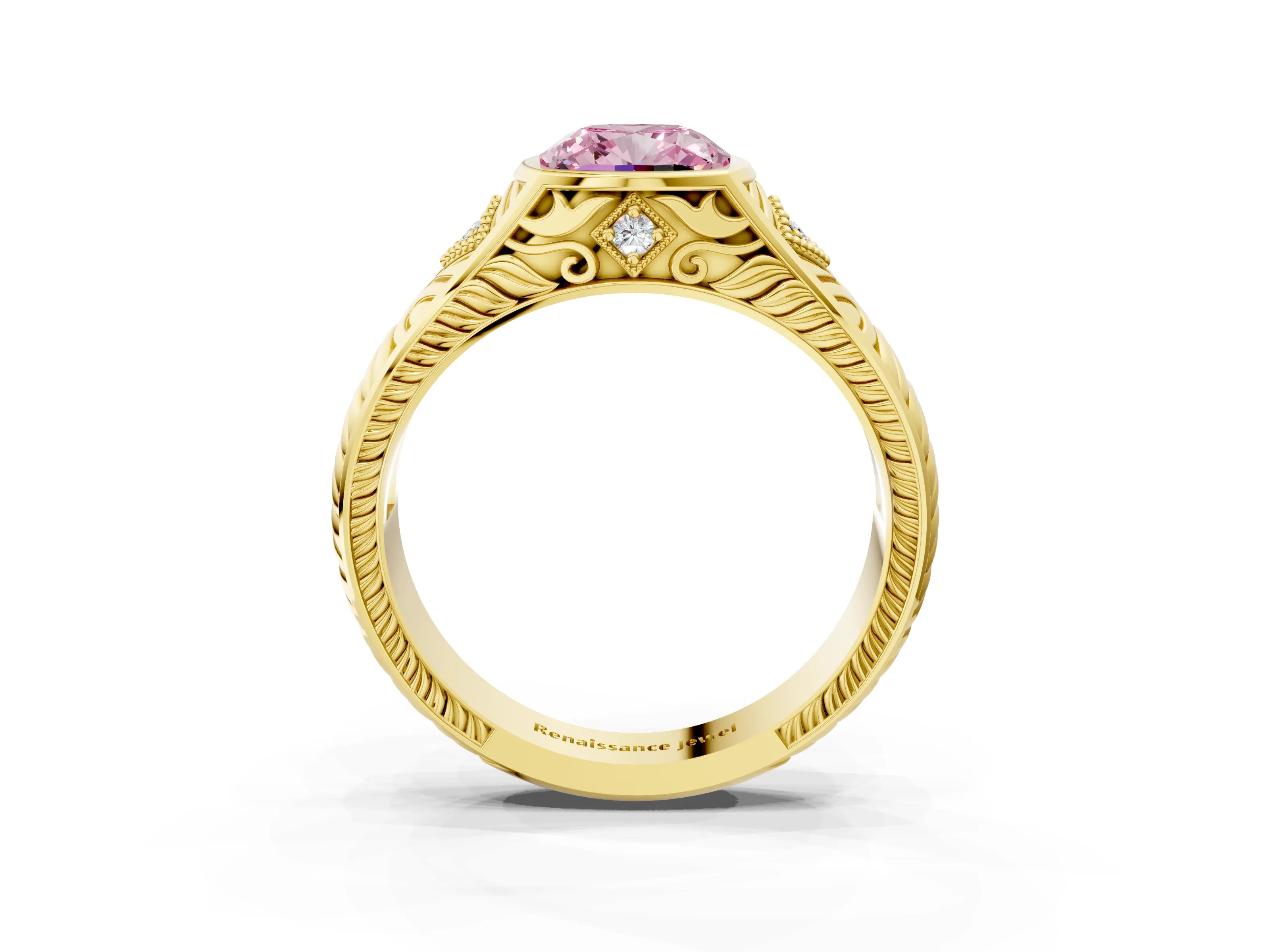 Yellow gold Hexagonal Bezel Fancy Pink Cushion Cut Diamond Engraved Band Prong Ring_3