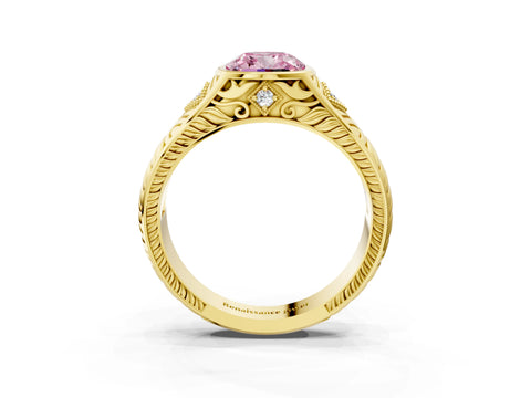 Yellow gold Hexagonal Bezel Fancy Pink Cushion Cut Diamond Engraved Band Prong Ring_3
