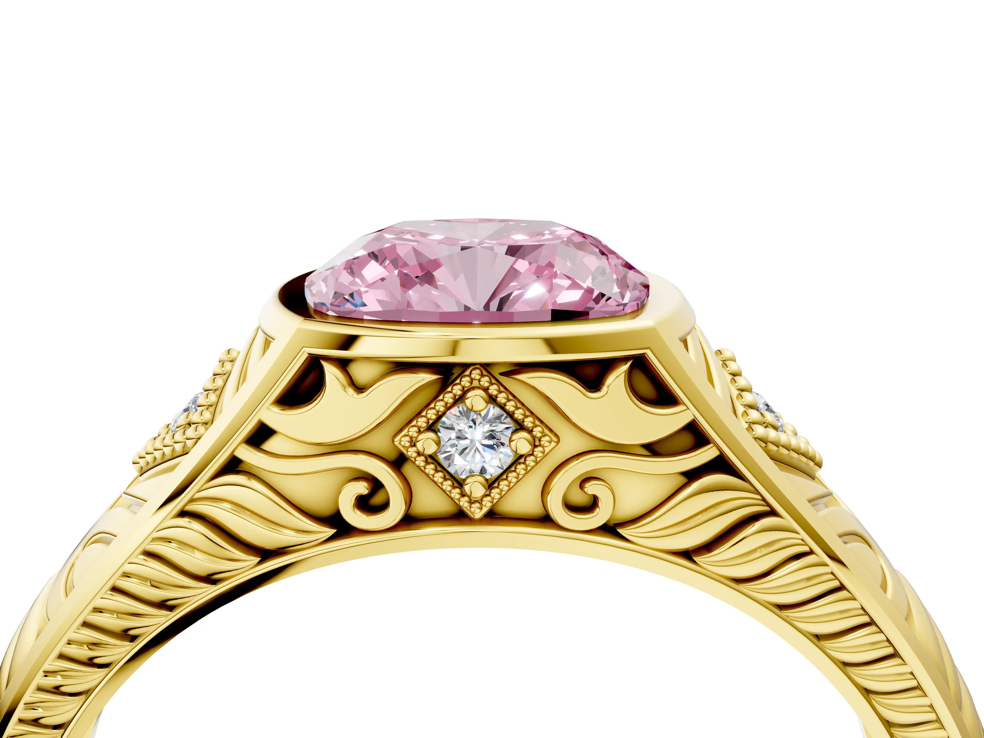 Yellow gold Hexagonal Bezel Fancy Pink Cushion Cut Diamond Engraved Band Prong Ring_4