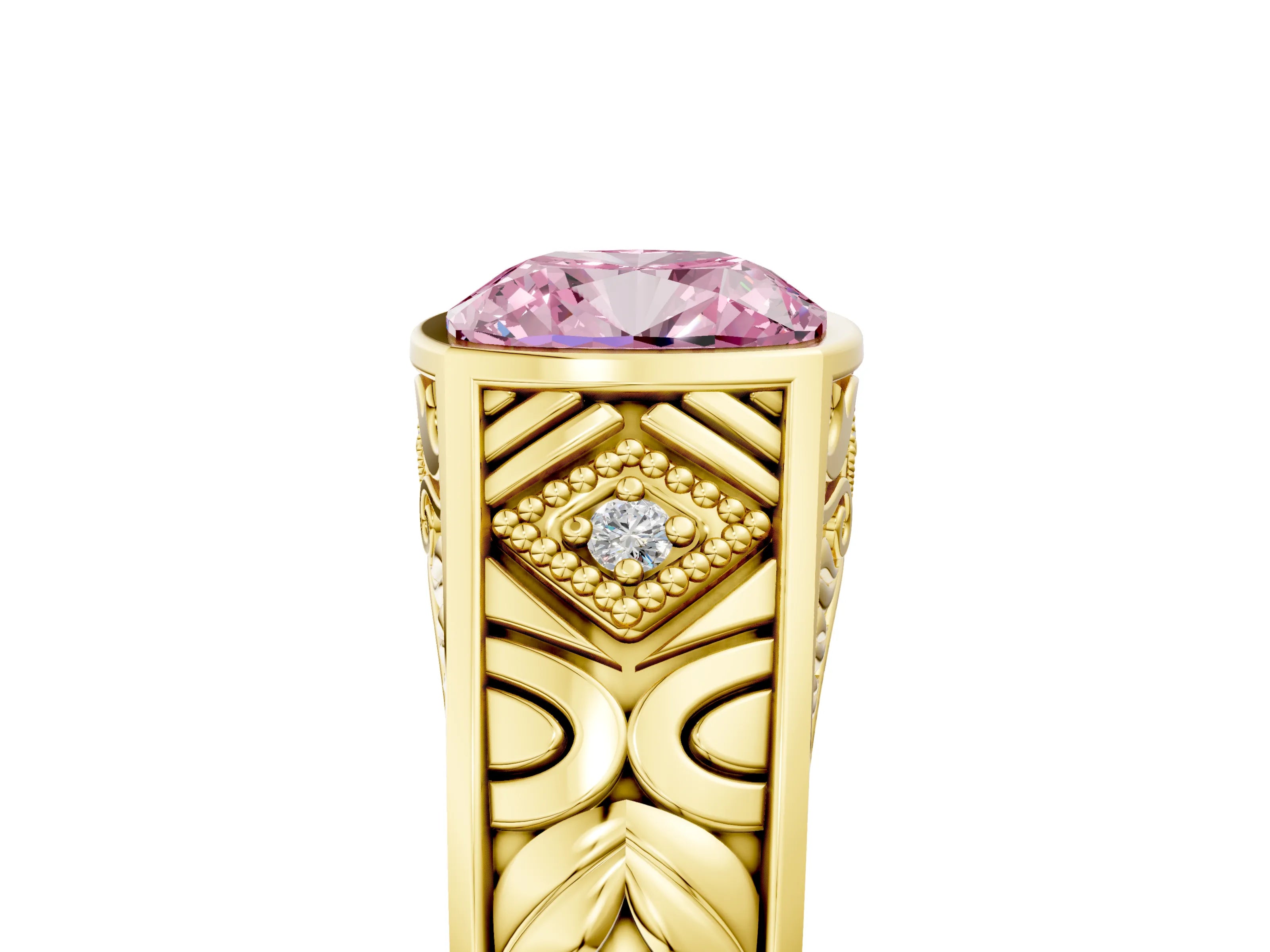 Yellow gold Hexagonal Bezel Fancy Pink Cushion Cut Diamond Engraved Band Prong Ring_5
