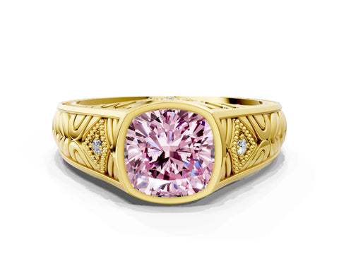 Yellow gold Hexagonal Bezel Fancy Pink Cushion Cut Diamond Engraved Band Prong Ring