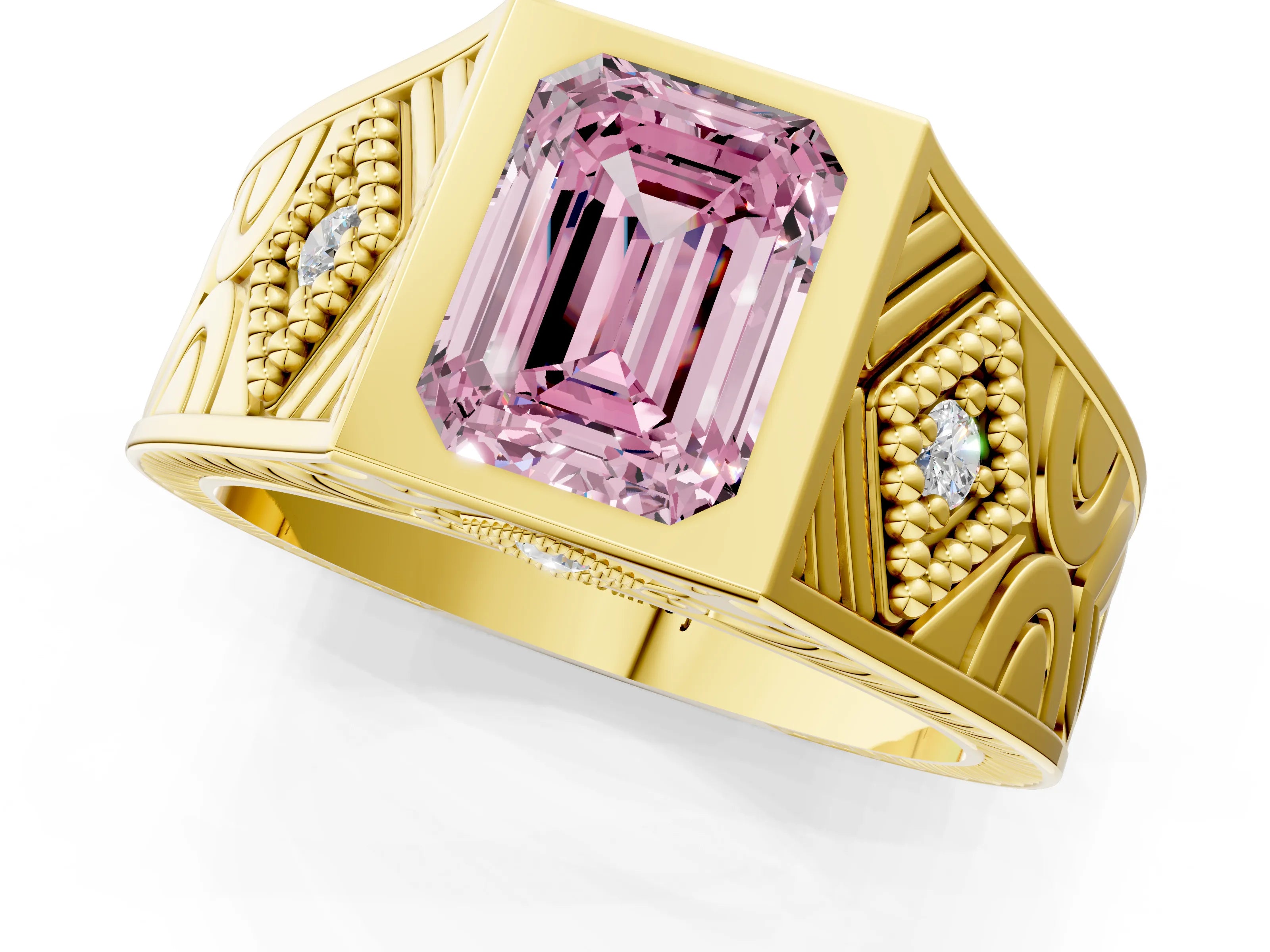 Yellow gold Hexagonal Bezel Fancy Pink Emerald Cut Diamond Engraved Band Prong Ring_1