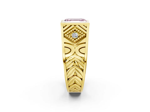 Yellow gold Hexagonal Bezel Fancy Pink Emerald Cut Diamond Engraved Band Prong Ring_2