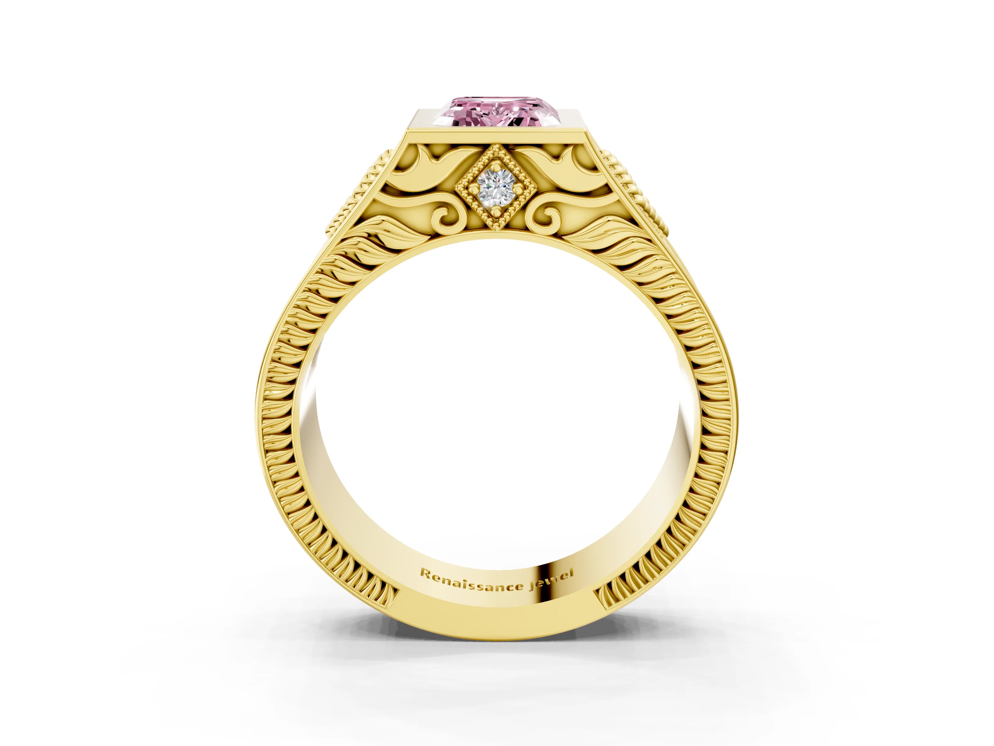 Yellow gold Hexagonal Bezel Fancy Pink Emerald Cut Diamond Engraved Band Prong Ring_3
