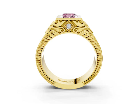 Yellow gold Hexagonal Bezel Fancy Pink Emerald Cut Diamond Engraved Band Prong Ring_3