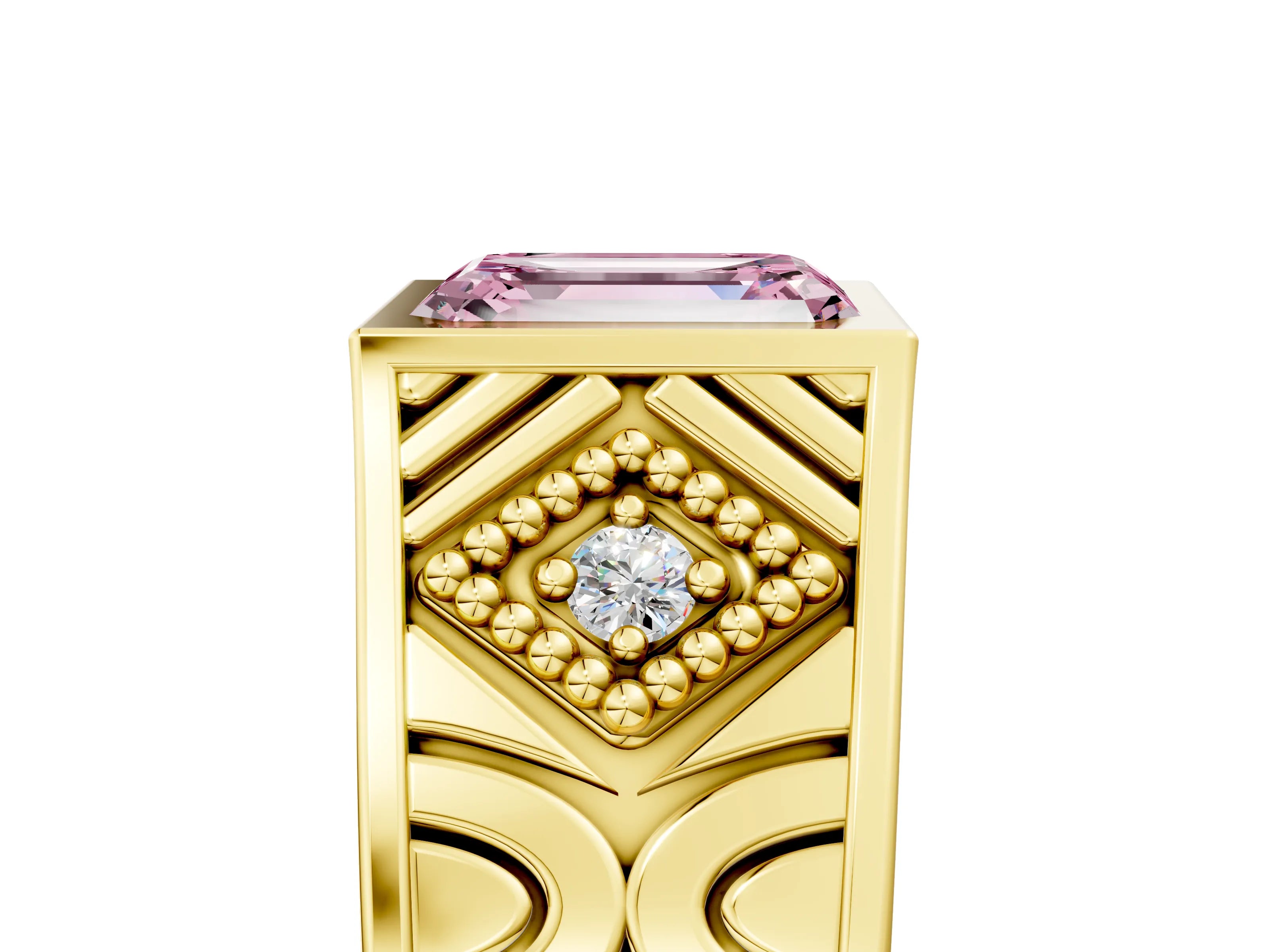Yellow gold Hexagonal Bezel Fancy Pink Emerald Cut Diamond Engraved Band Prong Ring_5