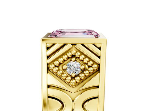 Yellow gold Hexagonal Bezel Fancy Pink Emerald Cut Diamond Engraved Band Prong Ring_5