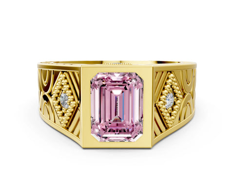 Yellow gold Hexagonal Bezel Fancy Pink Emerald Cut Diamond Engraved Band Prong Ring