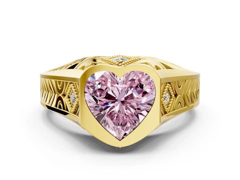 Yellow gold Hexagonal Bezel Fancy Pink Heart Cut Diamond Engraved Band Prong Ring_12