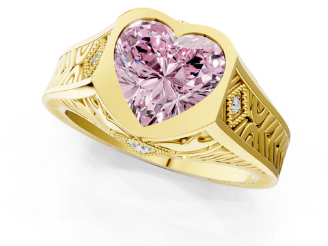 Yellow gold Hexagonal Bezel Fancy Pink Heart Cut Diamond Engraved Band Prong Ring_13