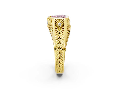 Yellow gold Hexagonal Bezel Fancy Pink Heart Cut Diamond Engraved Band Prong Ring_14