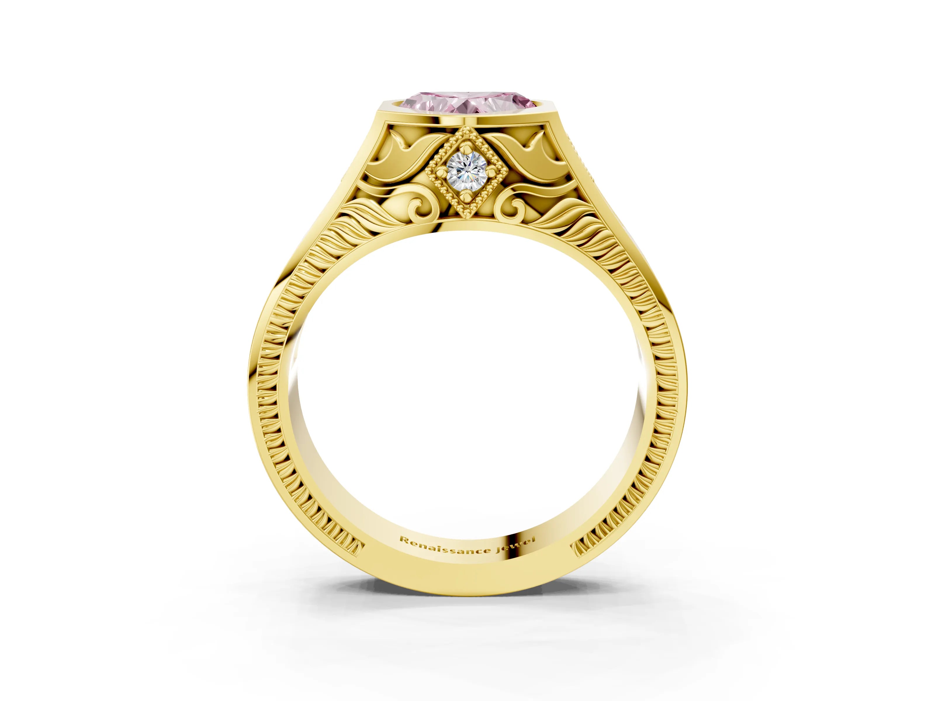 Yellow gold Hexagonal Bezel Fancy Pink Heart Cut Diamond Engraved Band Prong Ring_15