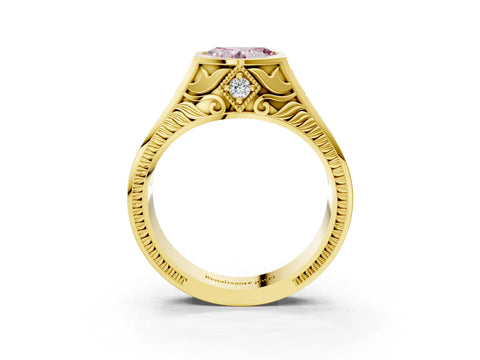 Yellow gold Hexagonal Bezel Fancy Pink Heart Cut Diamond Engraved Band Prong Ring_15