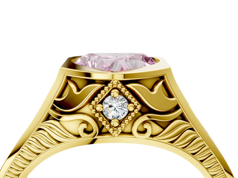 Yellow gold Hexagonal Bezel Fancy Pink Heart Cut Diamond Engraved Band Prong Ring_16