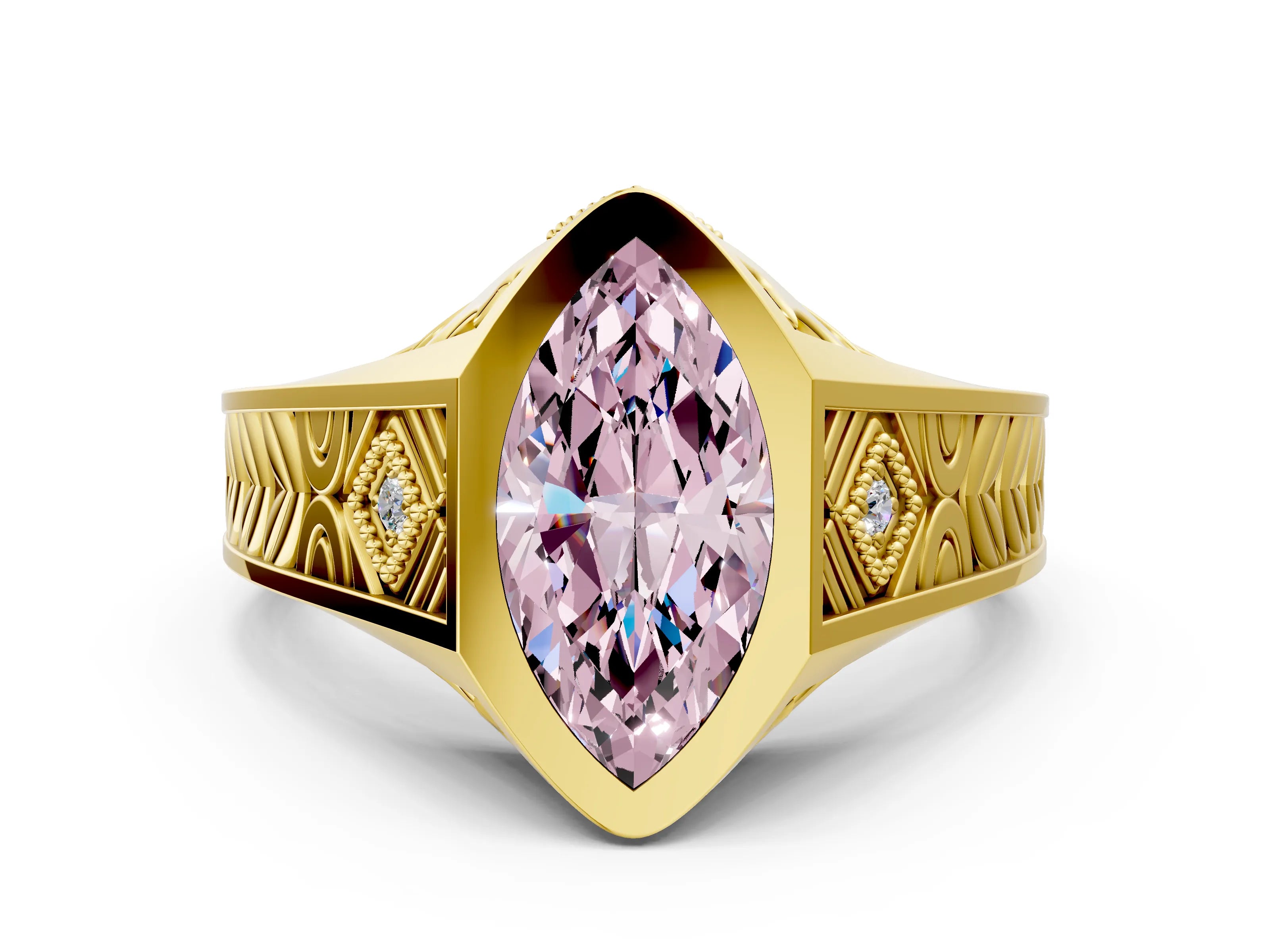 Yellow gold Hexagonal Bezel Fancy Pink Marquise Cut Diamond Engraved Band Prong Ring_12