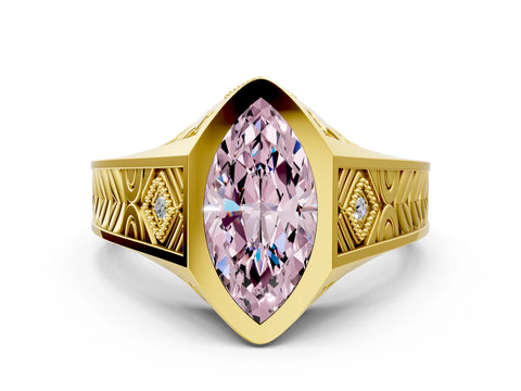 Yellow gold Hexagonal Bezel Fancy Pink Marquise Cut Diamond Engraved Band Prong Ring_12