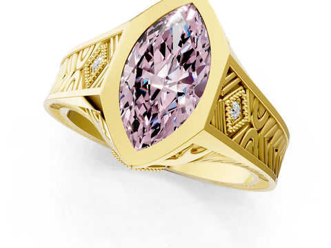 Yellow gold Hexagonal Bezel Fancy Pink Marquise Cut Diamond Engraved Band Prong Ring_13