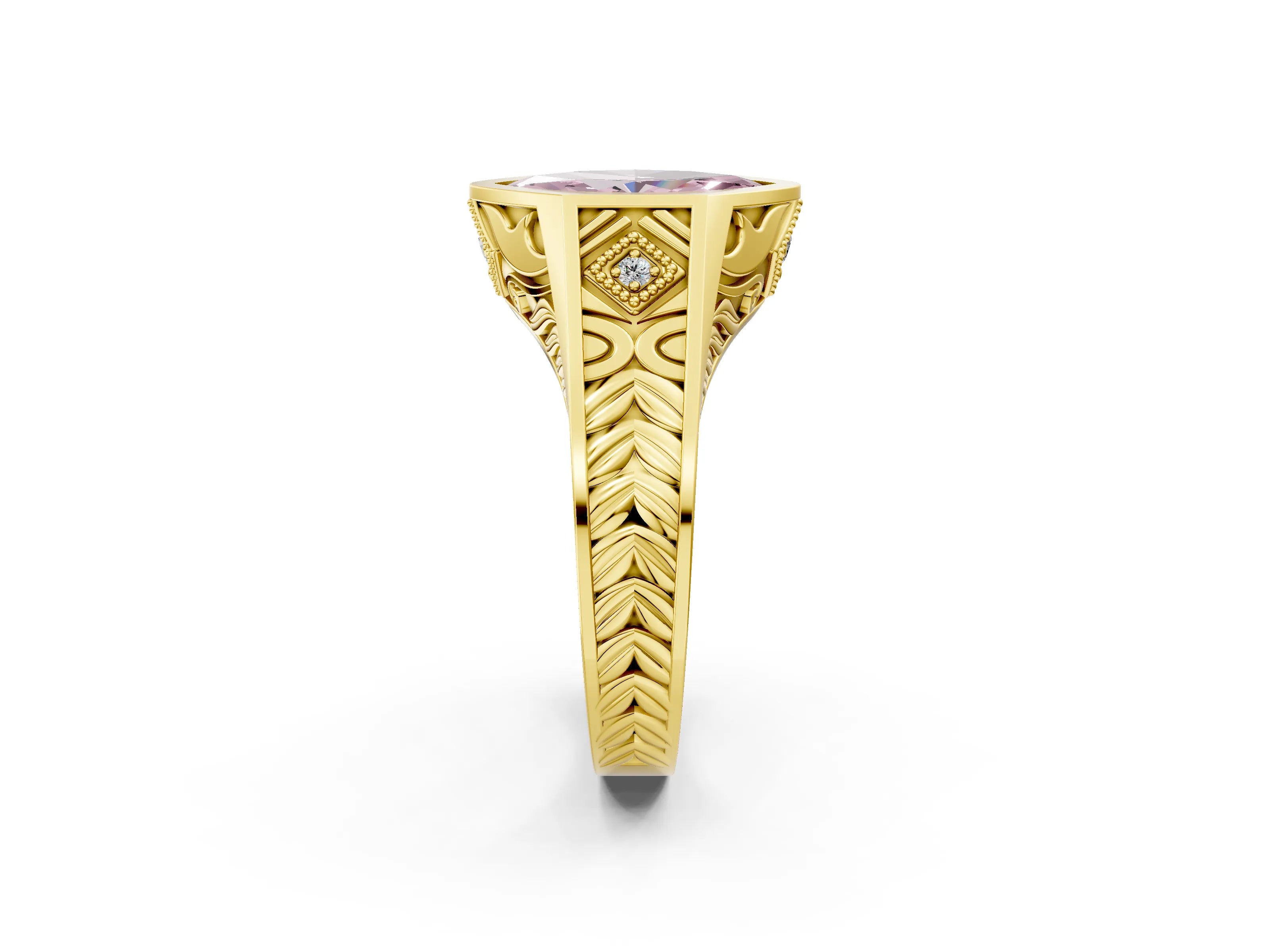 Yellow gold Hexagonal Bezel Fancy Pink Marquise Cut Diamond Engraved Band Prong Ring_14