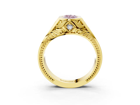 Yellow gold Hexagonal Bezel Fancy Pink Marquise Cut Diamond Engraved Band Prong Ring_15