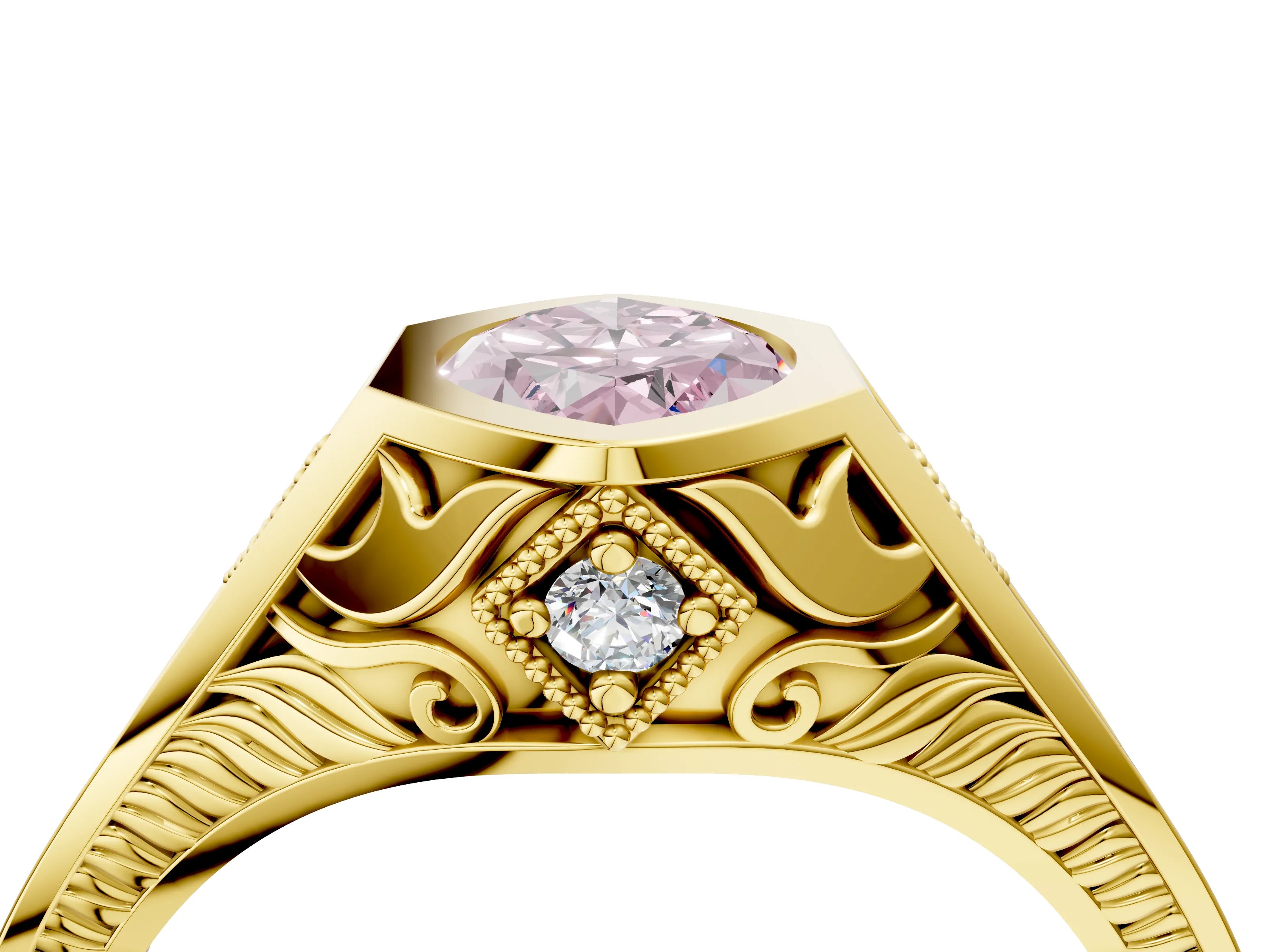 Yellow gold Hexagonal Bezel Fancy Pink Marquise Cut Diamond Engraved Band Prong Ring_16