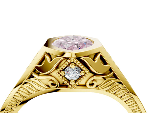 Yellow gold Hexagonal Bezel Fancy Pink Marquise Cut Diamond Engraved Band Prong Ring_16