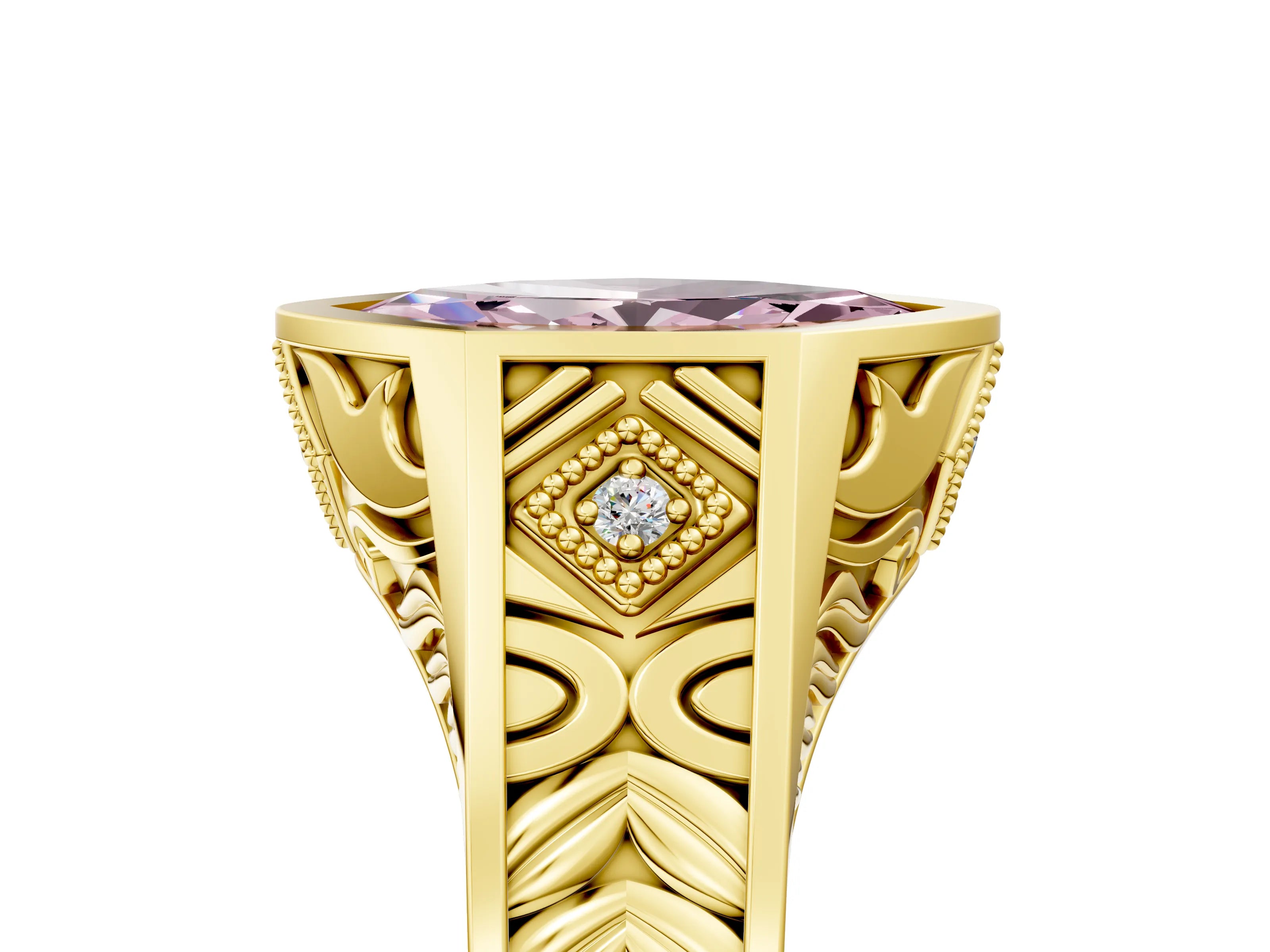 Yellow gold Hexagonal Bezel Fancy Pink Marquise Cut Diamond Engraved Band Prong Ring_17