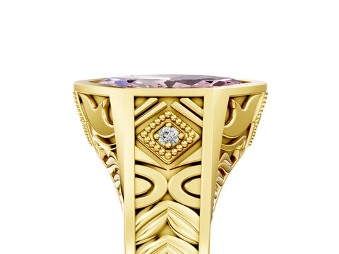 Yellow gold Hexagonal Bezel Fancy Pink Marquise Cut Diamond Engraved Band Prong Ring_17