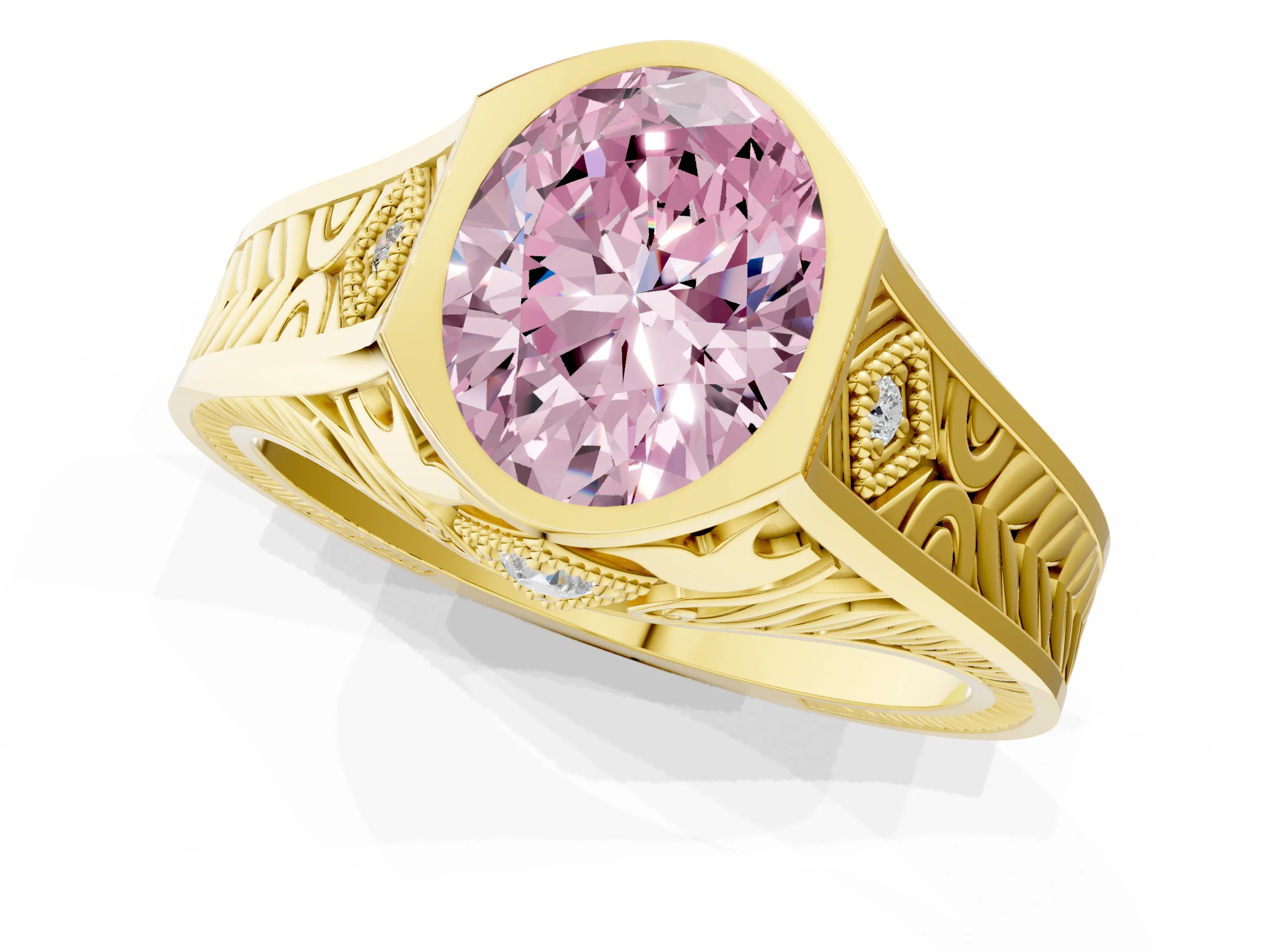 Yellow gold Hexagonal Bezel Fancy Pink Oval Cut Diamond Engraved Band Prong Ring_1