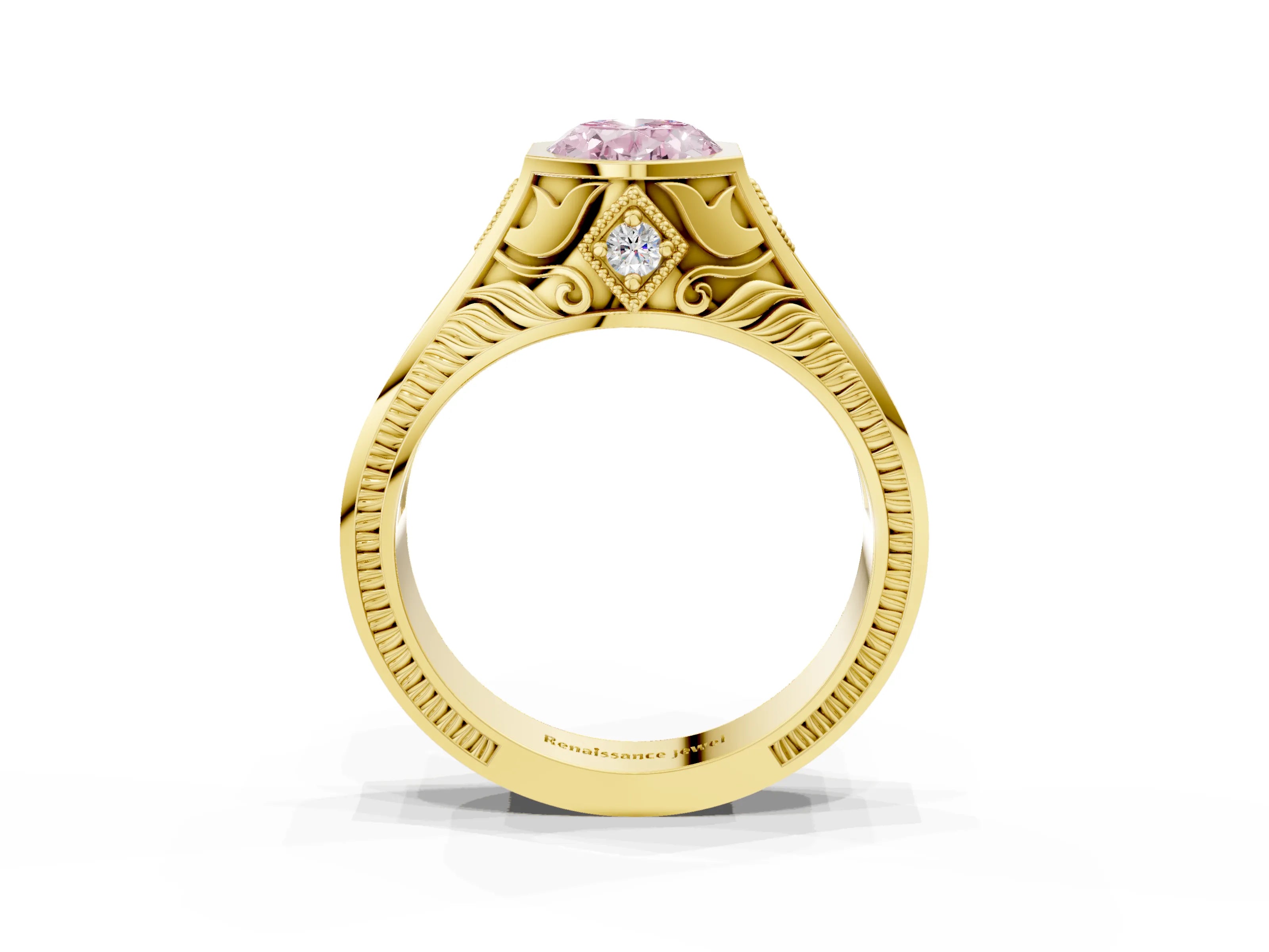 Yellow gold Hexagonal Bezel Fancy Pink Oval Cut Diamond Engraved Band Prong Ring_3