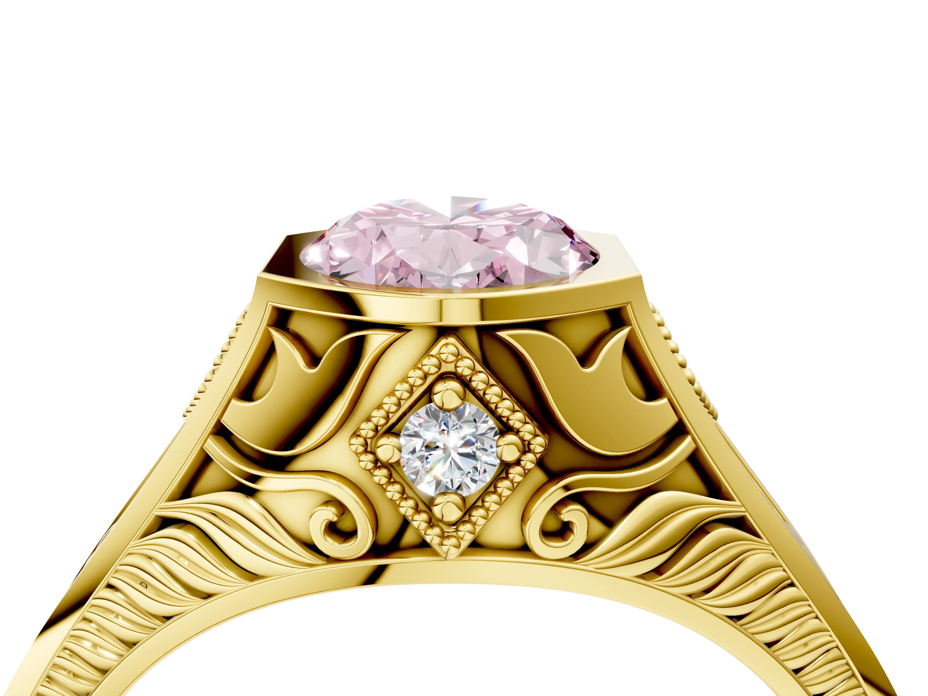 Yellow gold Hexagonal Bezel Fancy Pink Oval Cut Diamond Engraved Band Prong Ring_4