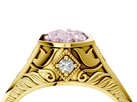 Yellow gold Hexagonal Bezel Fancy Pink Oval Cut Diamond Engraved Band Prong Ring_4