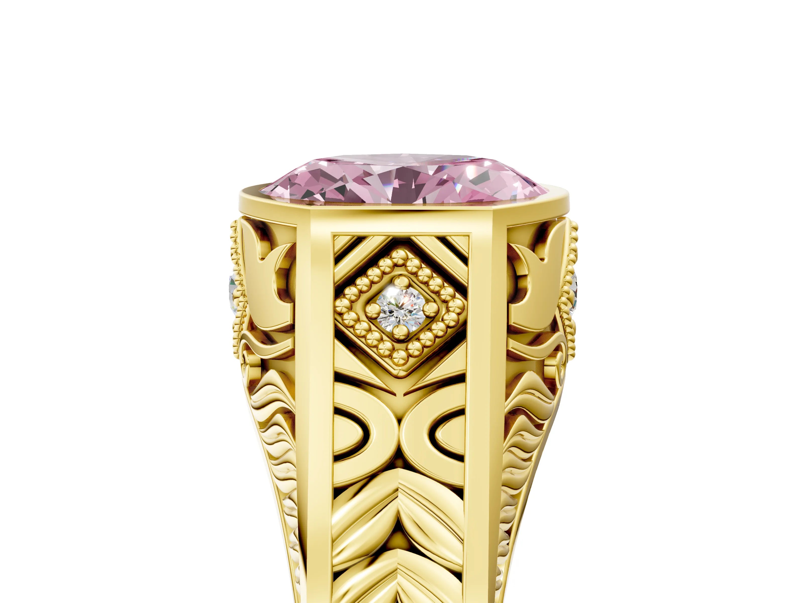 Yellow gold Hexagonal Bezel Fancy Pink Oval Cut Diamond Engraved Band Prong Ring_5