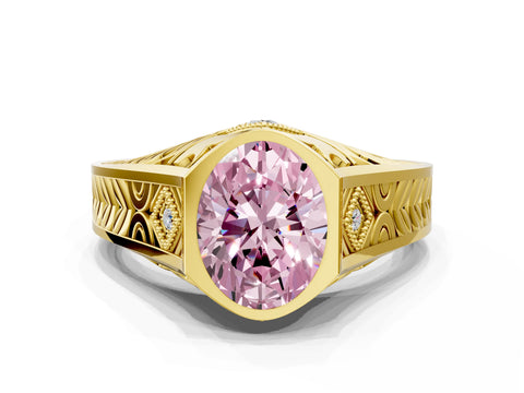 Yellow gold Hexagonal Bezel Fancy Pink Oval Cut Diamond Engraved Band Prong Ring