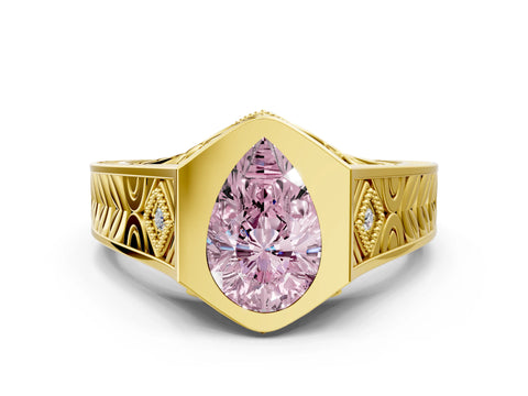 Yellow gold Hexagonal Bezel Fancy Pink Pear Cut Diamond Engraved Band Prong Ring_12