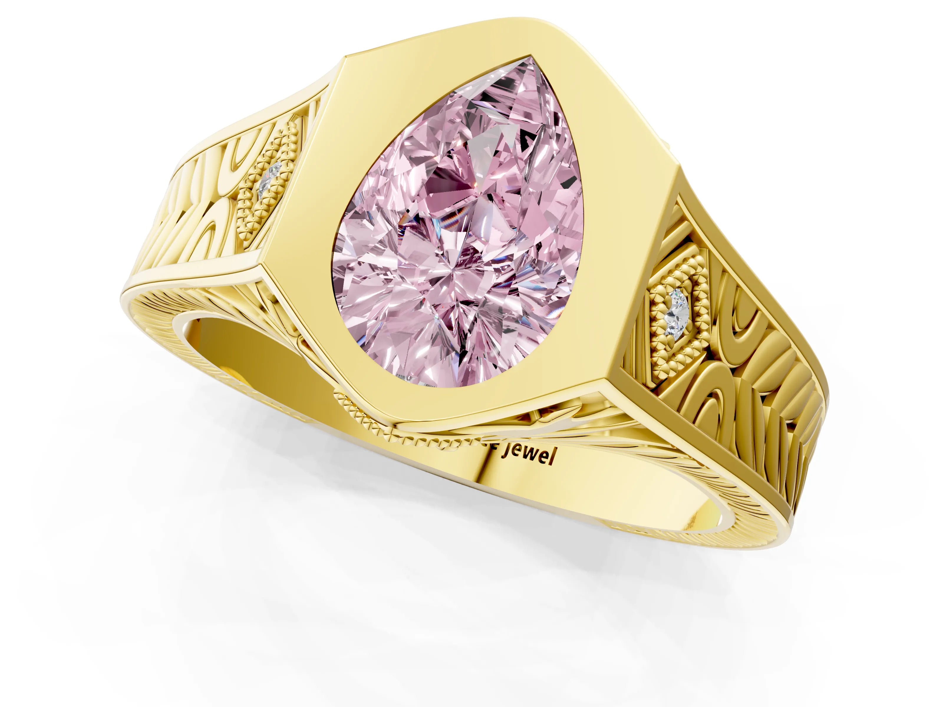 Yellow gold Hexagonal Bezel Fancy Pink Pear Cut Diamond Engraved Band Prong Ring_13