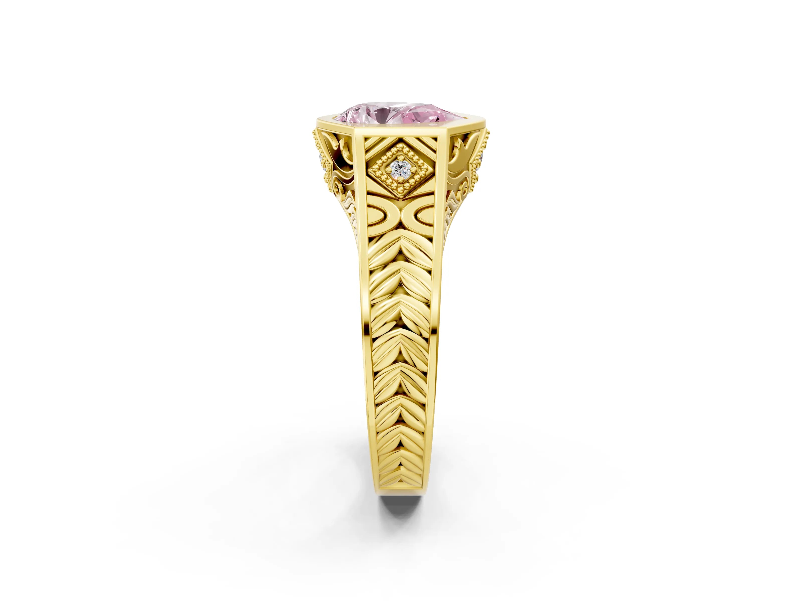 Yellow gold Hexagonal Bezel Fancy Pink Pear Cut Diamond Engraved Band Prong Ring_14