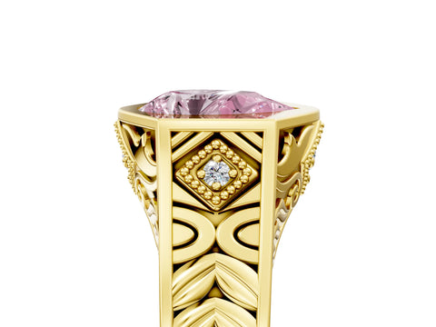 Yellow gold Hexagonal Bezel Fancy Pink Pear Cut Diamond Engraved Band Prong Ring_17