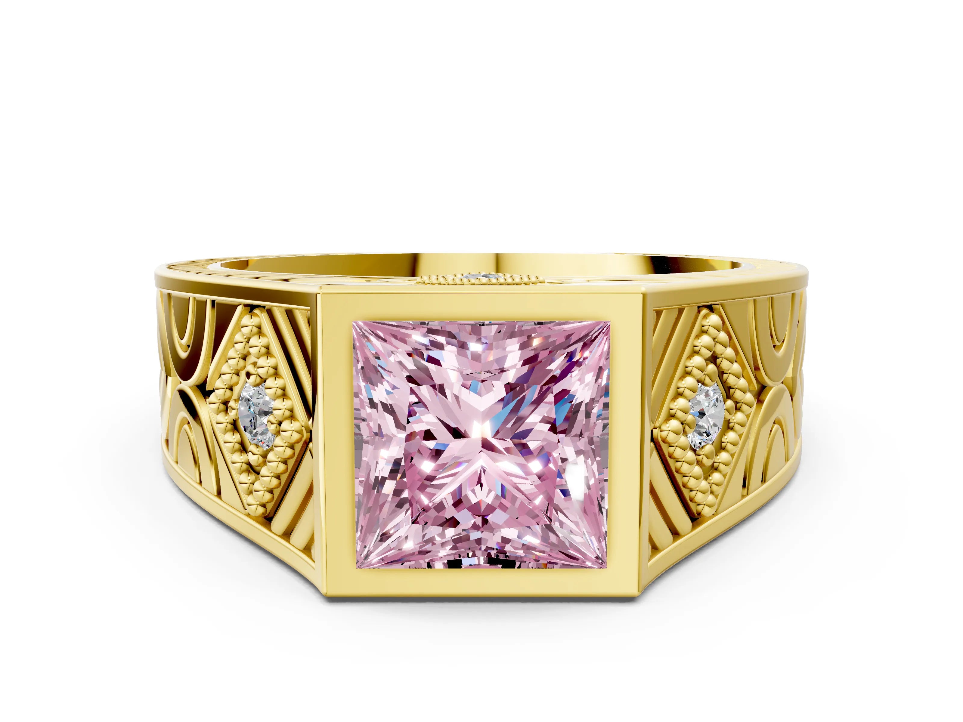 Yellow gold Hexagonal Bezel Fancy Pink Princess Cut Diamond Engraved Band Prong Ring