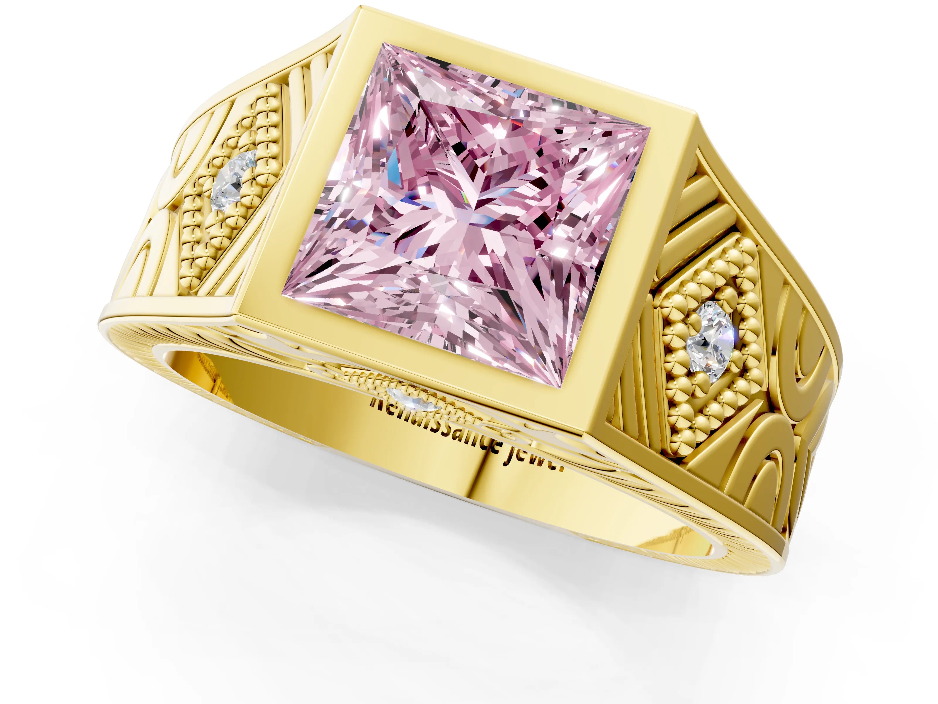 Yellow gold Hexagonal Bezel Fancy Pink Princess Cut Diamond Engraved Band Prong Ring_1