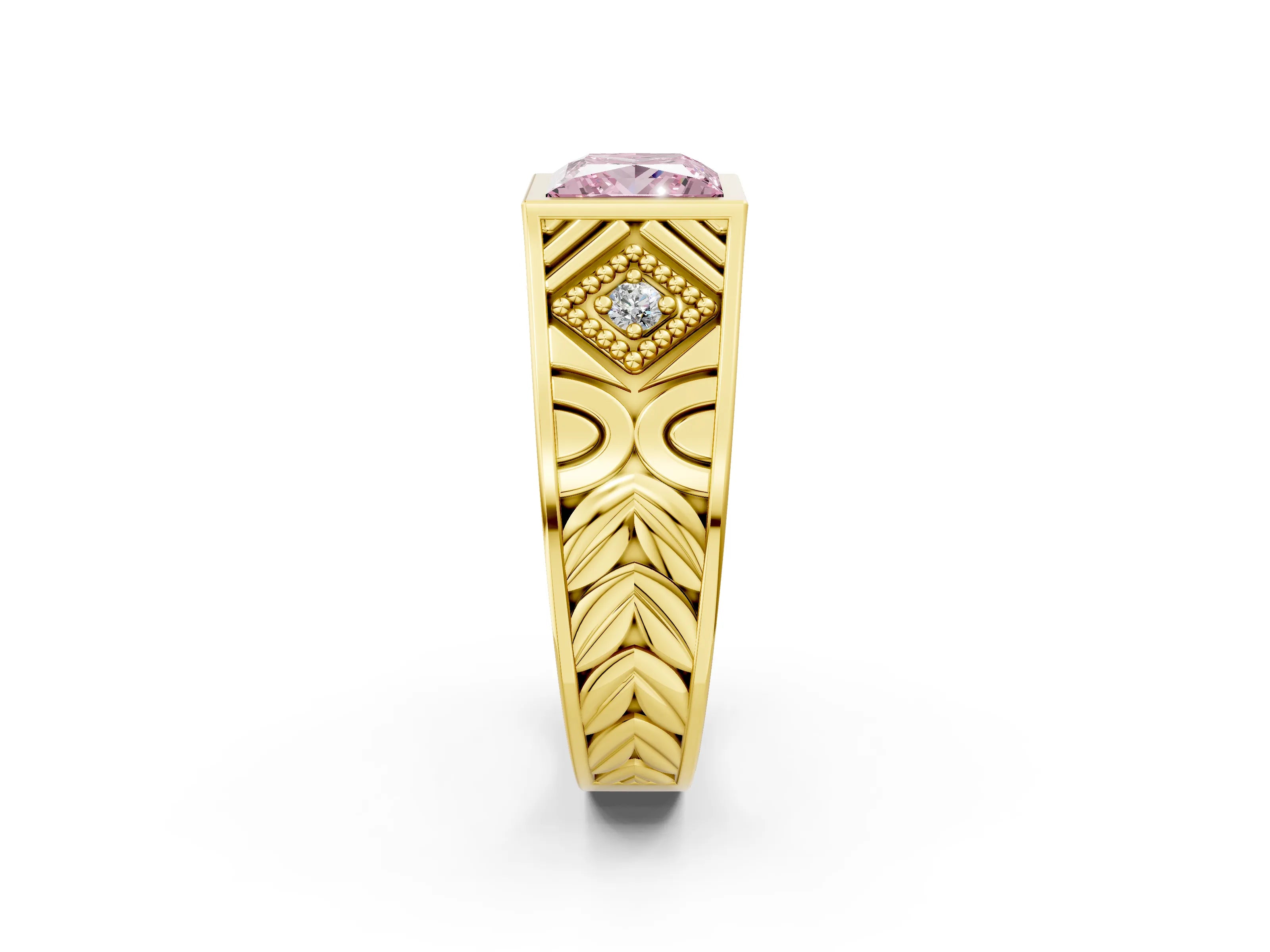 Yellow gold Hexagonal Bezel Fancy Pink Princess Cut Diamond Engraved Band Prong Ring_2