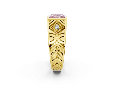 Yellow gold Hexagonal Bezel Fancy Pink Princess Cut Diamond Engraved Band Prong Ring_2
