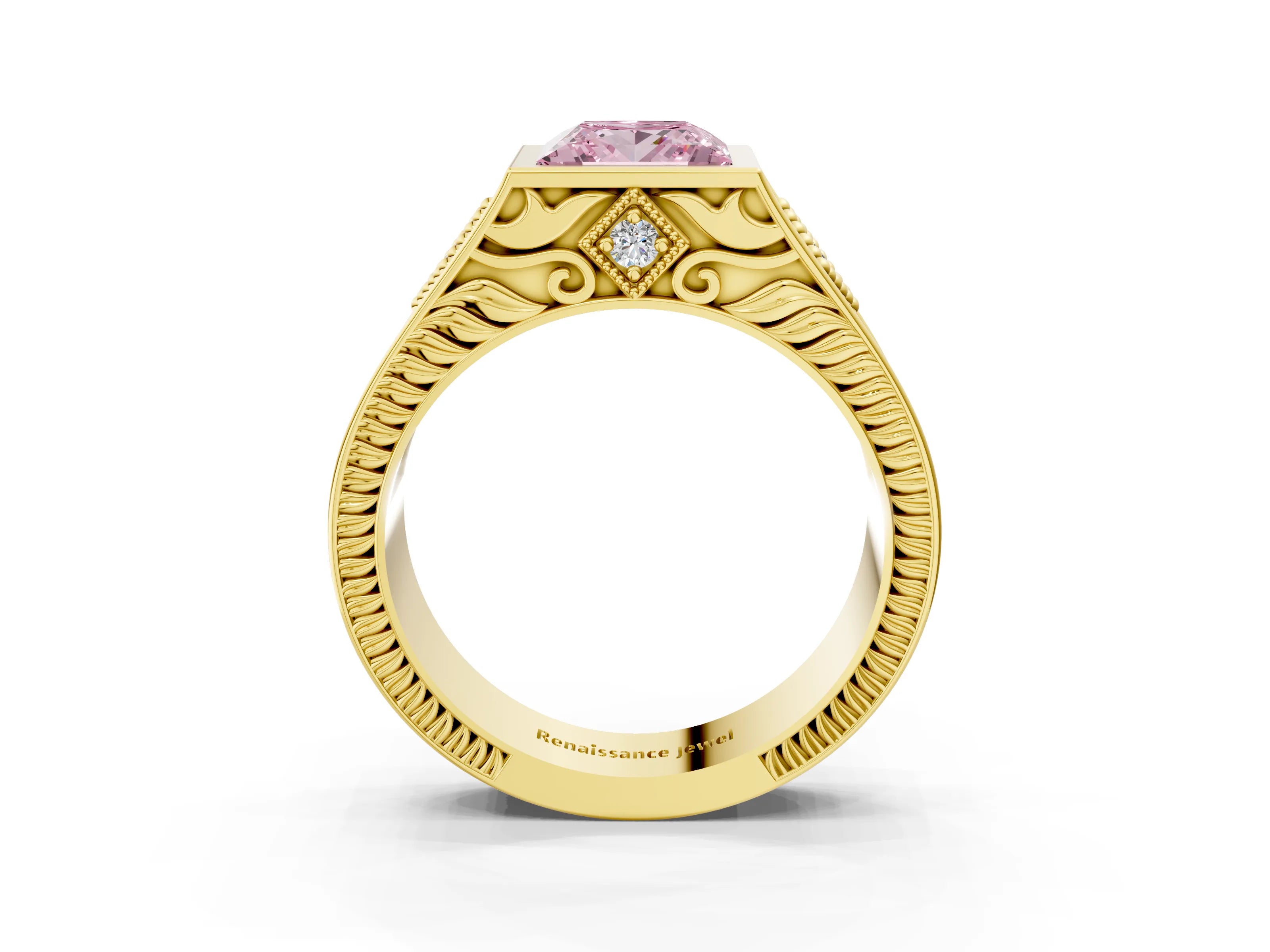 Yellow gold Hexagonal Bezel Fancy Pink Princess Cut Diamond Engraved Band Prong Ring_3