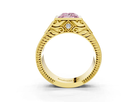 Yellow gold Hexagonal Bezel Fancy Pink Princess Cut Diamond Engraved Band Prong Ring_3