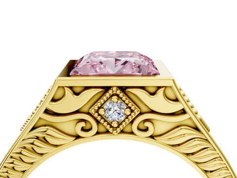 Yellow gold Hexagonal Bezel Fancy Pink Princess Cut Diamond Engraved Band Prong Ring_4