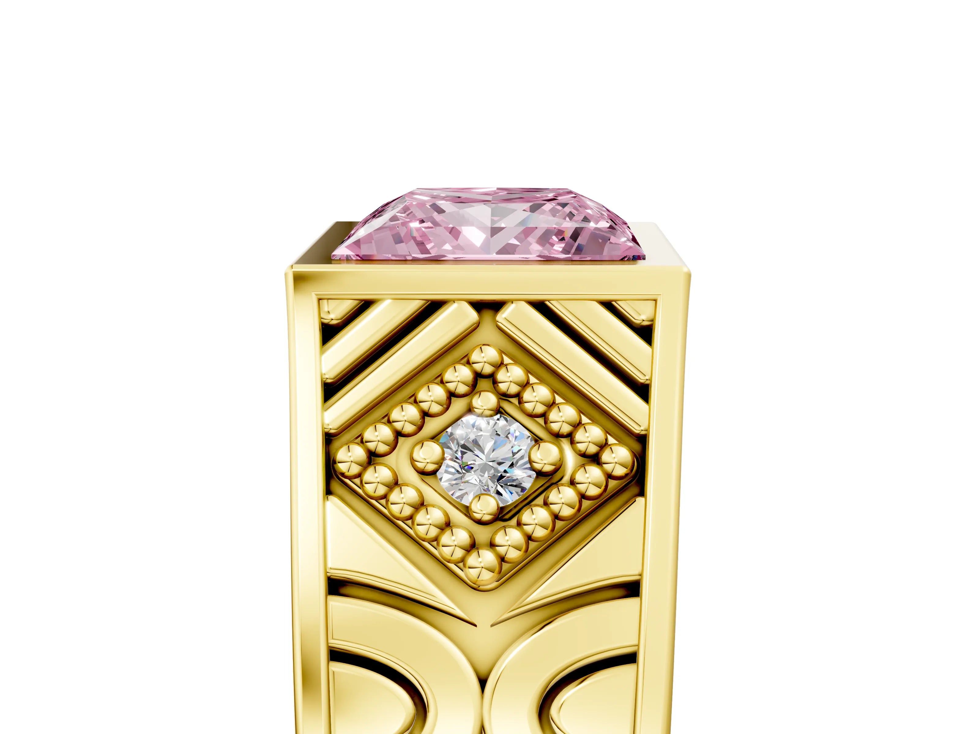 Yellow gold Hexagonal Bezel Fancy Pink Princess Cut Diamond Engraved Band Prong Ring_5