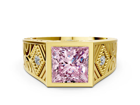 Yellow gold Hexagonal Bezel Fancy Pink Princess Cut Diamond Engraved Band Prong Ring