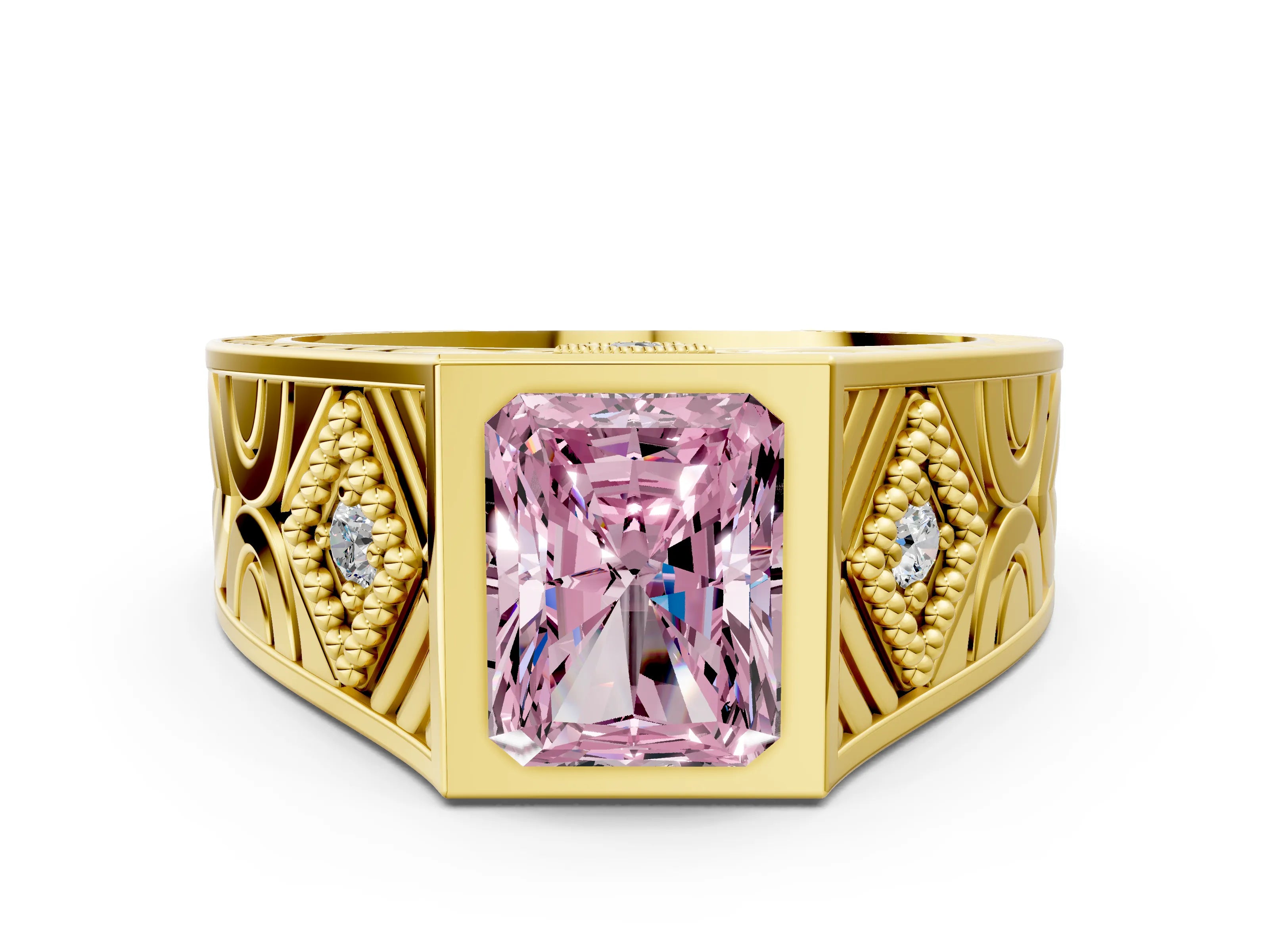 Yellow gold Hexagonal Bezel Fancy Pink Radiant Cut Diamond Engraved Band Prong Ring_24